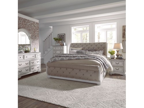 Magnolia Manor King California Upholstered Sleigh Bed, Dresser & Mirror, Chest, Night Stand
