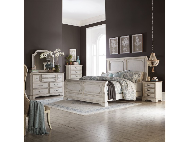 Abbey Road King California Sleigh Bed, Dresser & Mirror, Chest, Night Stand
